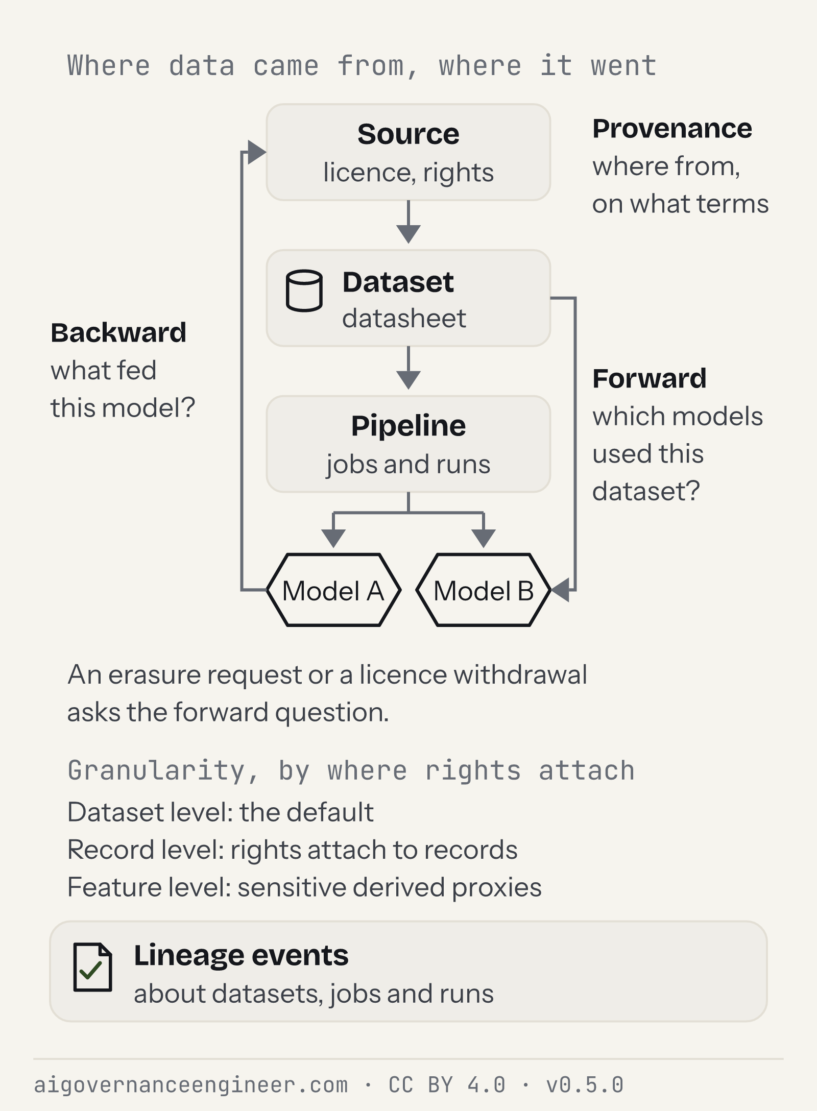 Provenance records where a dataset came from and on what terms; lineage traces it backward from a model to its sources and forward to every model using it.